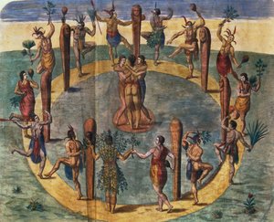 Danse rituelle indienne du village de Secoton, illustration de livre, vers 1570-80 - John White